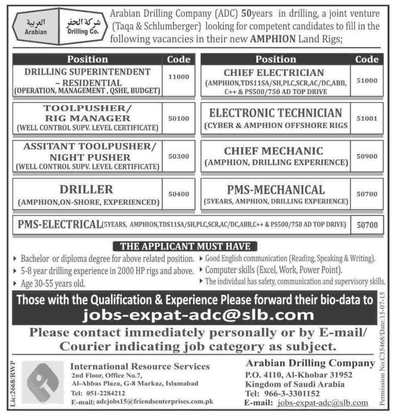 Arabian Drilling Company ADC Jobs 2025 Latest Advertisement, Email Address