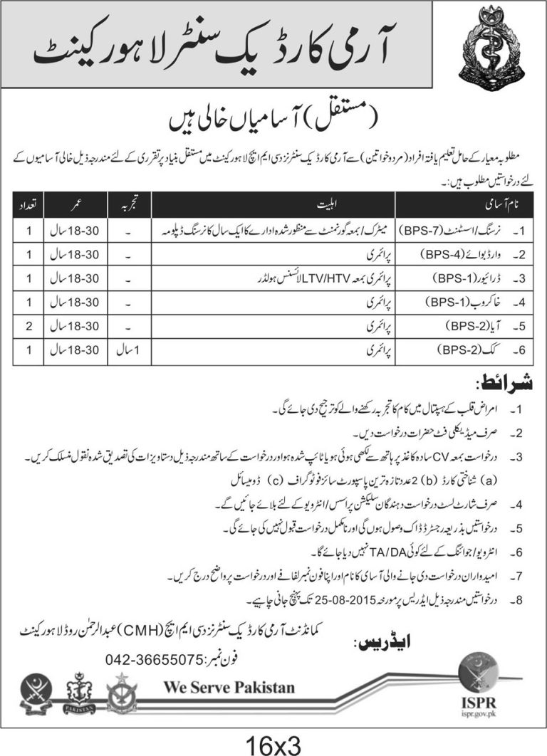 Army Cardiac Centre Lahore Jobs 2025 Latest Advertisement