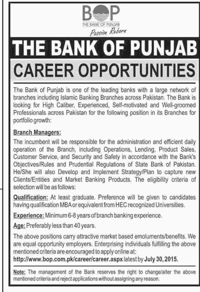 Bank Of Punjab BOP Jobs 2025 Branch Manager Advertisement Apply Online