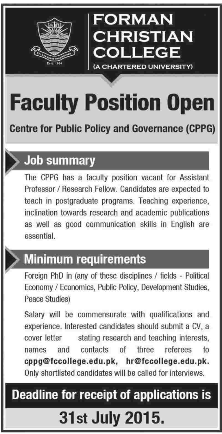 Former Krischan College Lahore FCC Jobs 2025 Application Online Form Advertisement