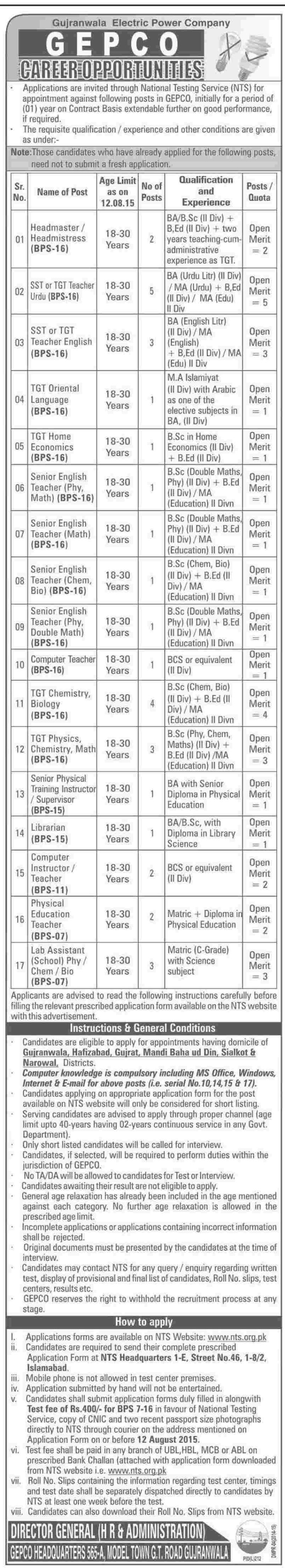 GEPCO Teaching Jobs 2025 Advertisement NTS Form Gujranwala Electric