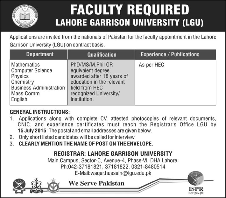 Lahore Garrison University Lecturer Jobs 2025 Advertisement Application