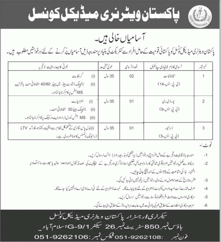 Pakistan Veterinary Medical Council Islamabad Jobs 2025 Steno, UDC, Driver