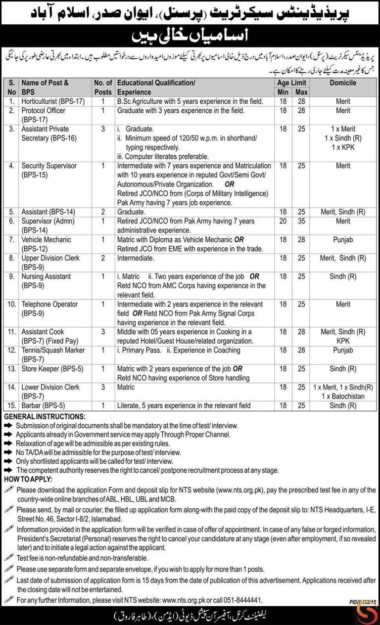 President Secretariat Aiwan-e-Sadr Islamabad Jobs 2025 Advertisement NTS Form