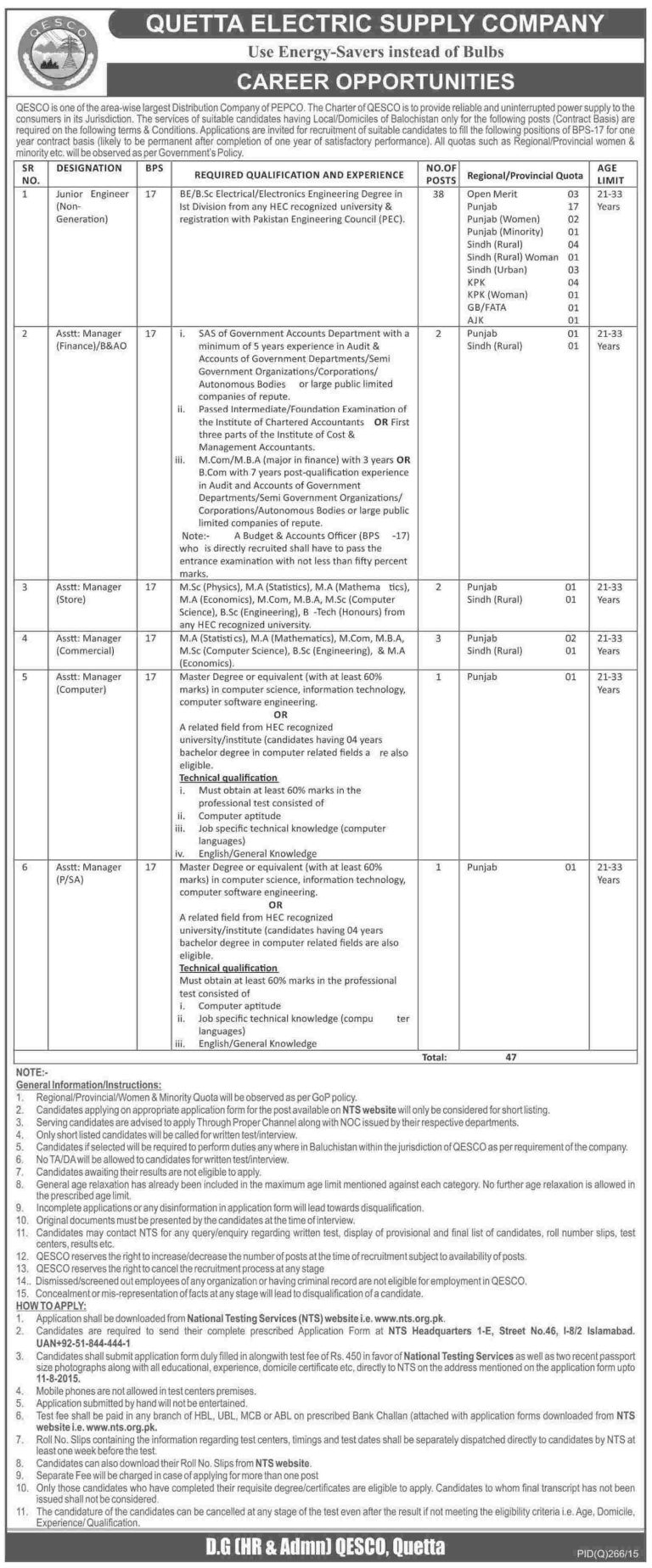 Quetta Electric QESCO Jobs 2025 Engineer, Asst Manager NTS Application Form