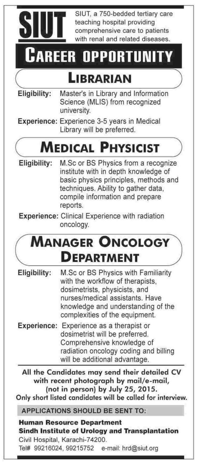 SUIT Karachi Jobs 2025 Advertisement Librarian, Medical Physicist, Manager Oncology