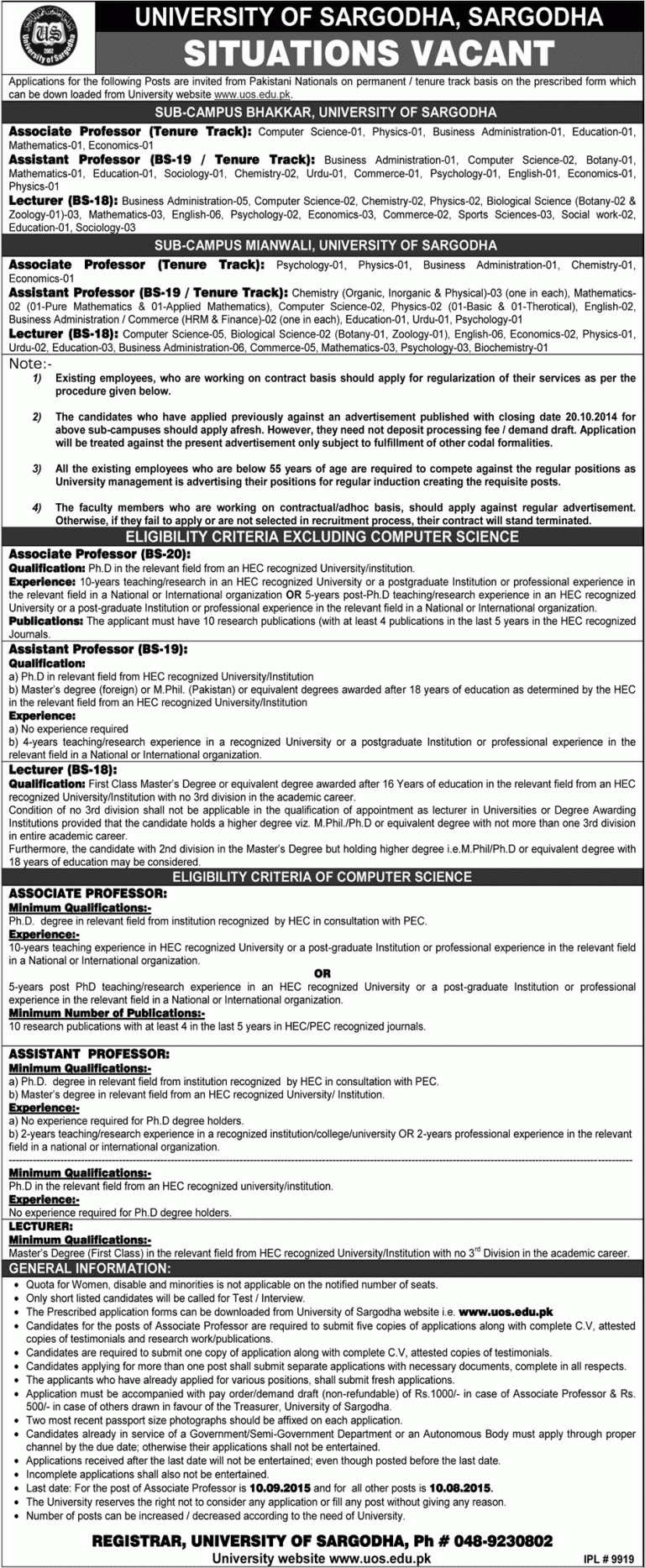 University Of Sargodha Lecturer, Professor Jobs 2025 Latest Advertisement