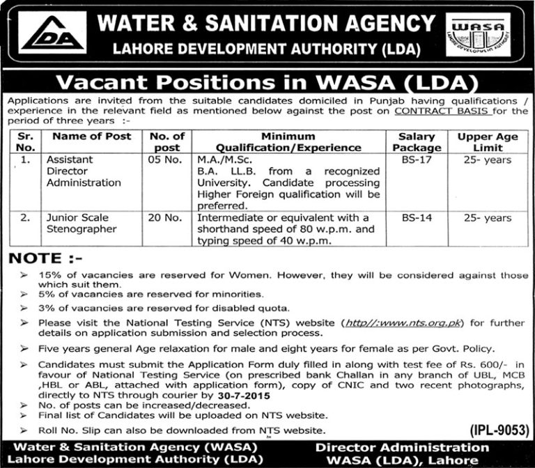 Water and Sanitation Agency LDA Lahore Jobs 2025 Advertisement Apply Application Form