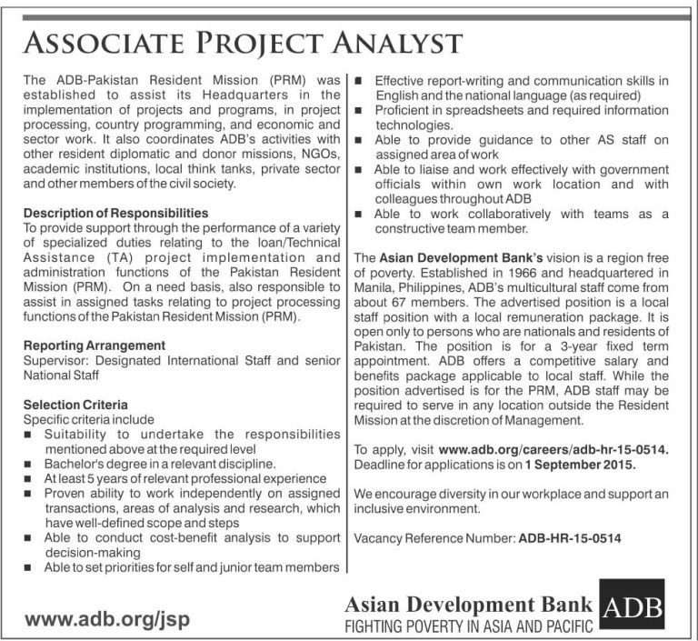 Asian Development Bank Pakistan Jobs 2025 Advertisement Apply Online Associate Project Analyst