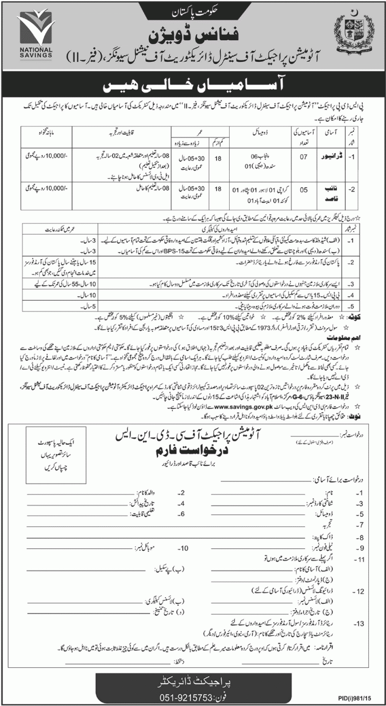 Finance Division Islamabad Jobs Driver, Naib Qasid 2025 Form Download