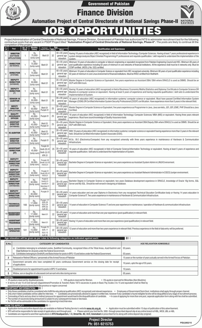 Finance Division National Savings Jobs 2025 NTS Application Form Download