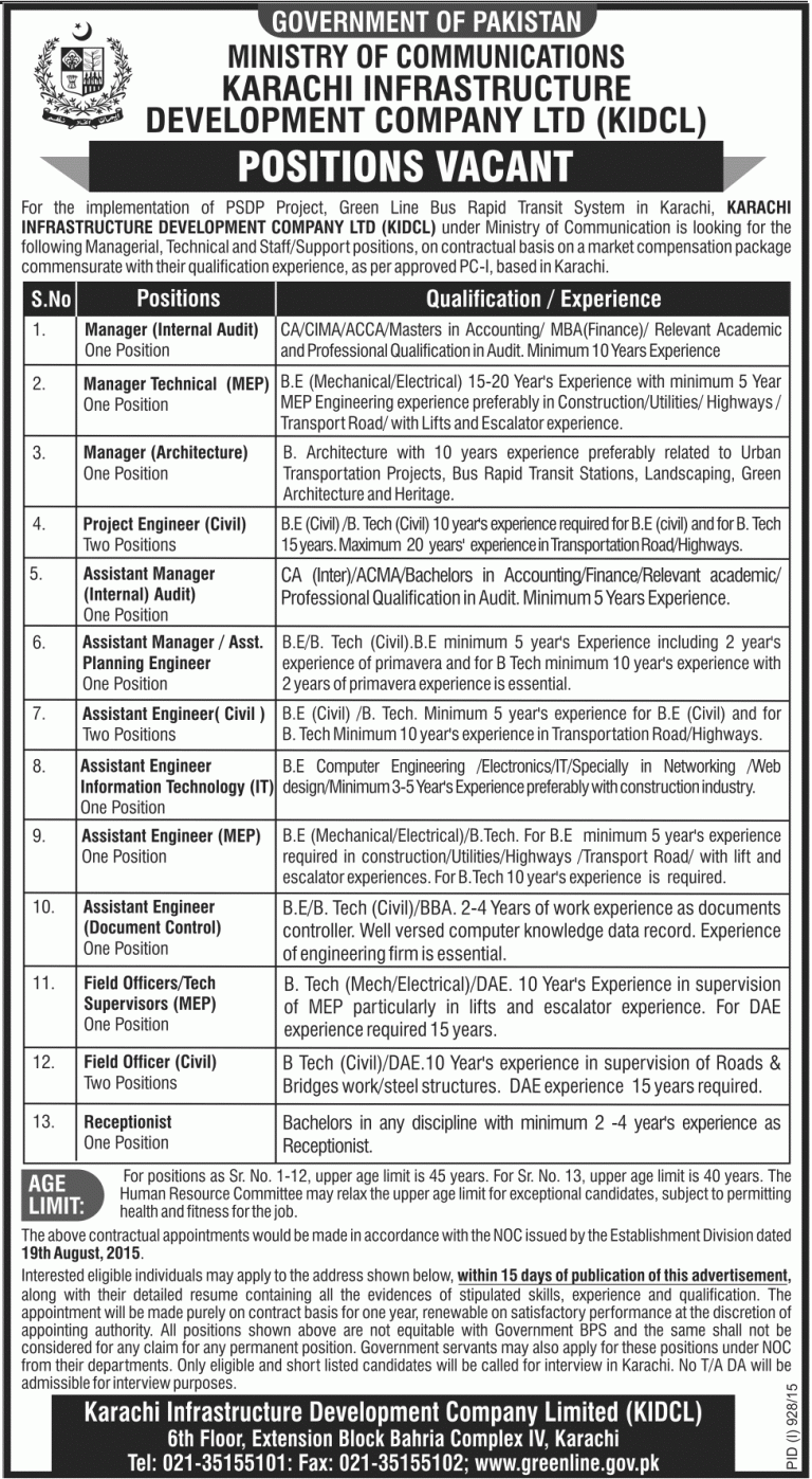 Karachi Infrastructure Development Company KIDCL Jobs 2025 Advertisement