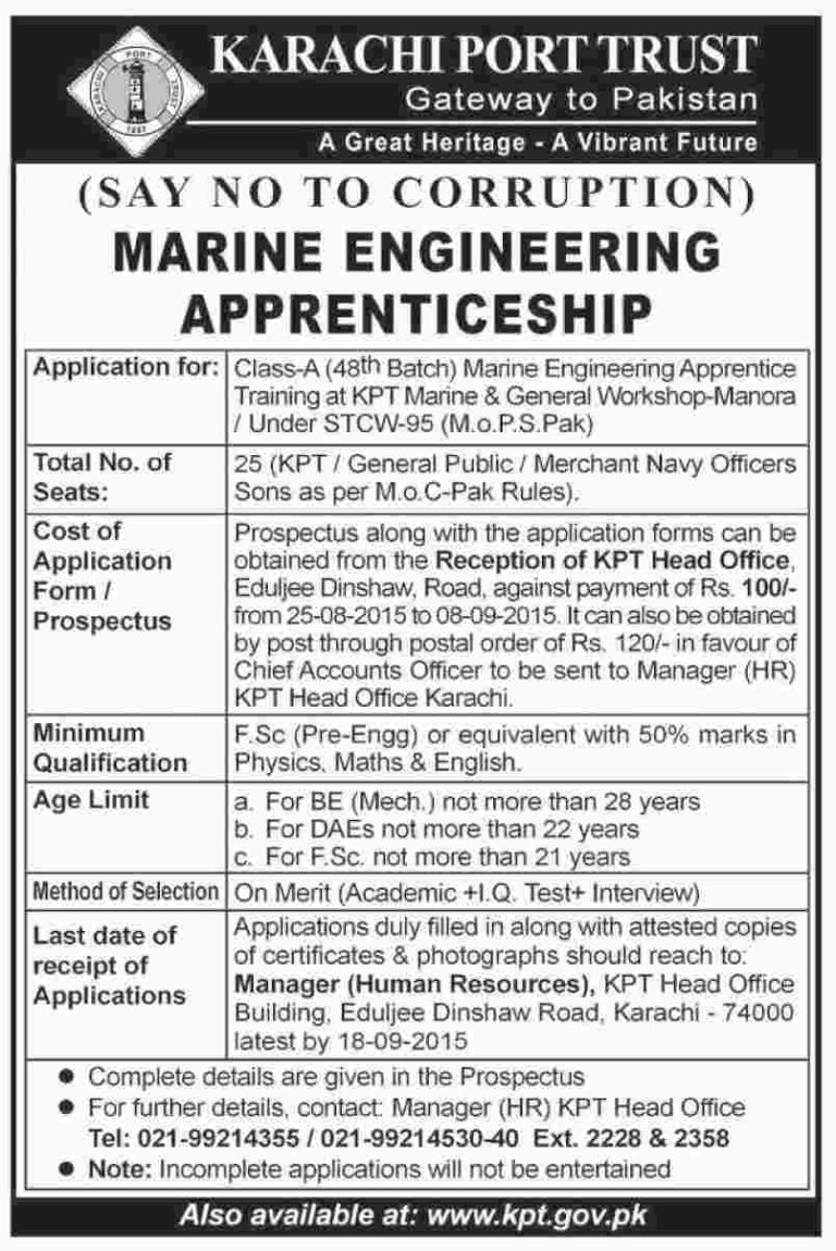 Karachi Port Trust Jobs 2025Marine Engineering Apprenticeships Application Form