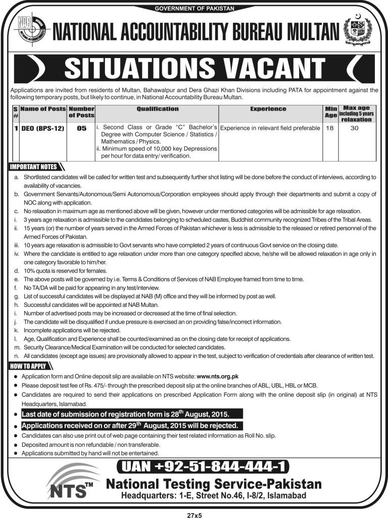 NAB Multan Jobs 2025 NTS DEO Advertisement Application Form Download