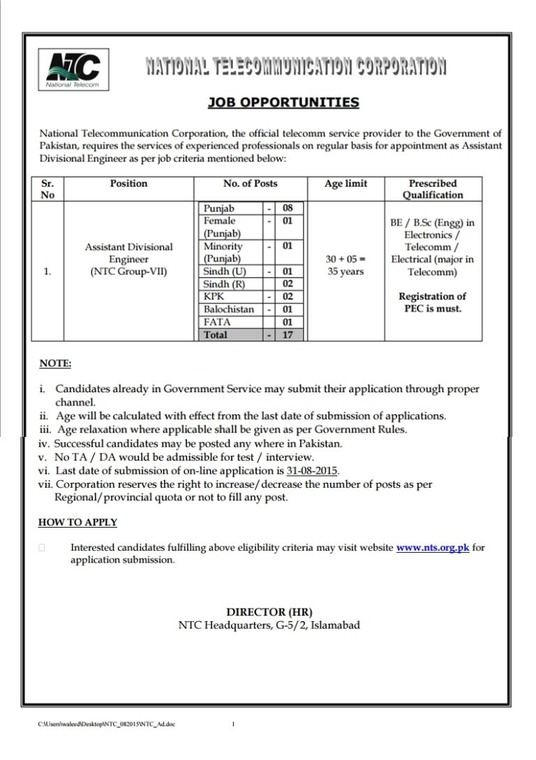 NTC Pakistan Jobs 2025 Assistant Divisional Engineer NTS Form Advertisement