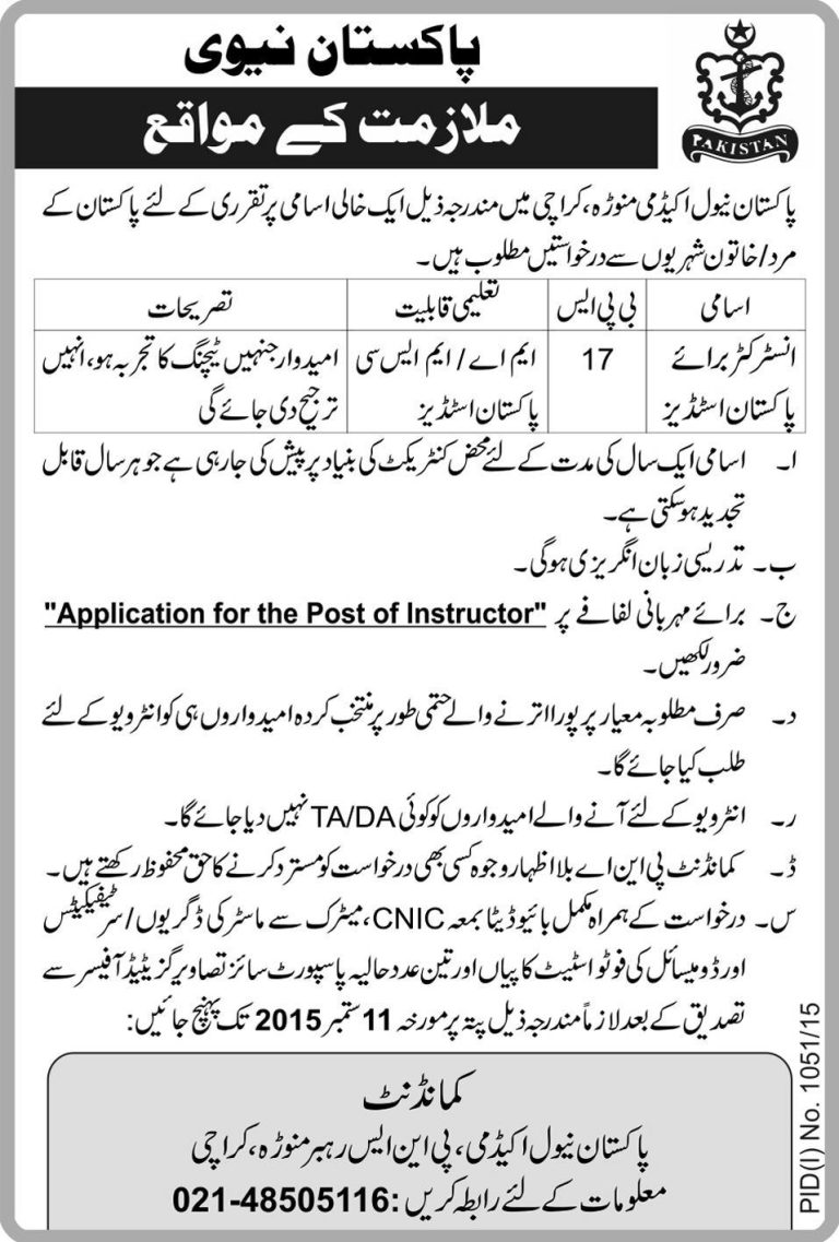 Naval Academy Manora Karachi 2025 Jobs Advertisement Instructor for Pak Studies