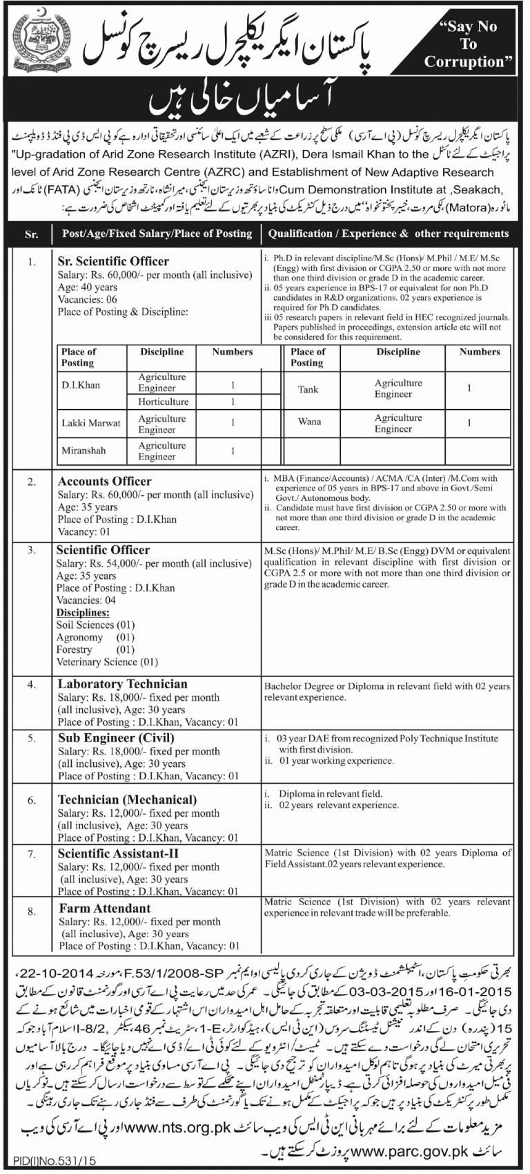 Pakistan Agriculture Research Council PARC NTS Jobs 2025 Form Advertisement