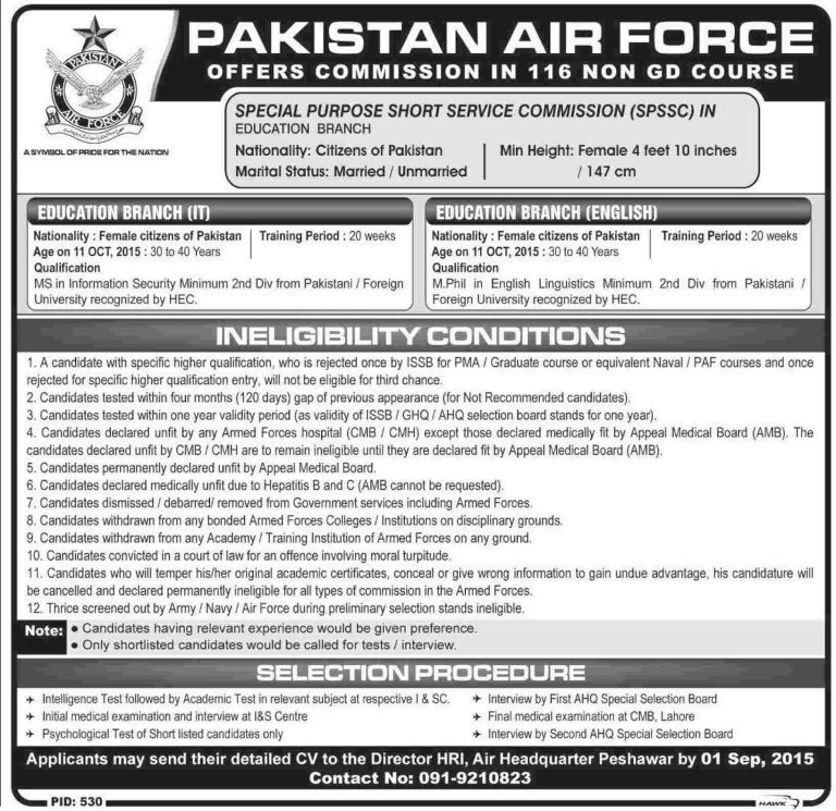 Pakistan Air Force PAF Jobs 2025 SPSSC Education Branch Advertisement