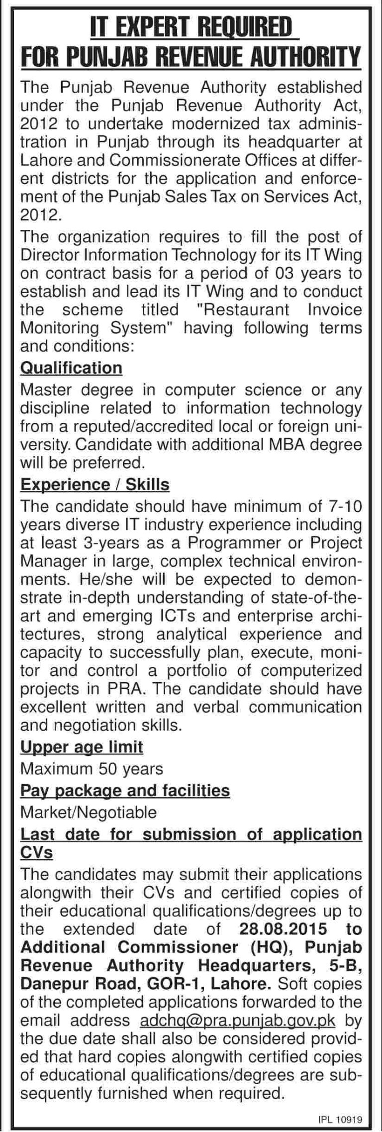 Punjab Revenue Authority Jobs 2025 Application for I.T Expert Advertisement