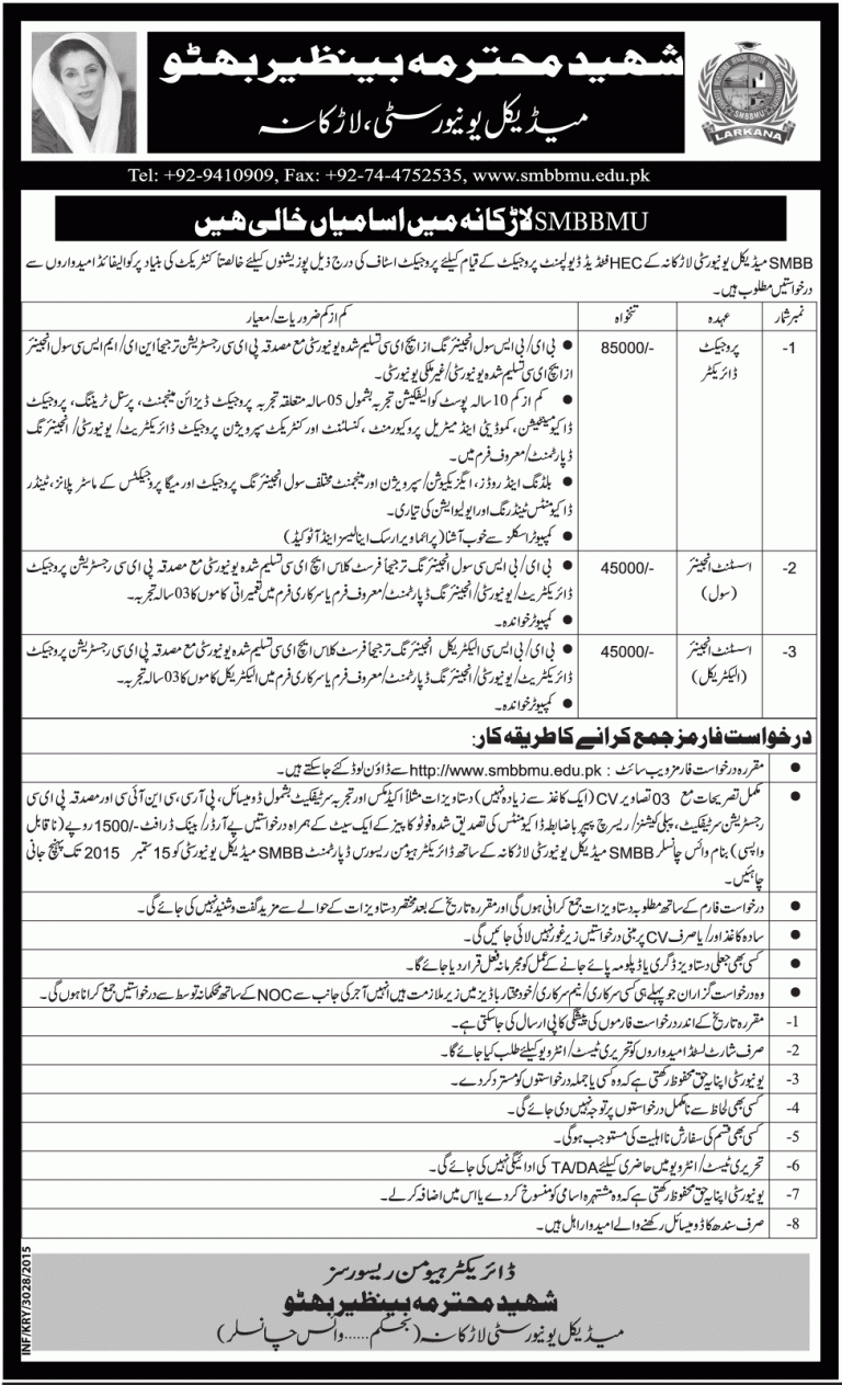 SMBBMU Larkana Jobs 2025 Advertisement Application Form