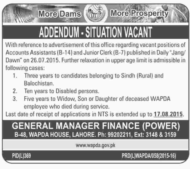 WAPDA Lahore Jobs 2025 Accounts Assistant and Junior Clerk NTS Form Download
