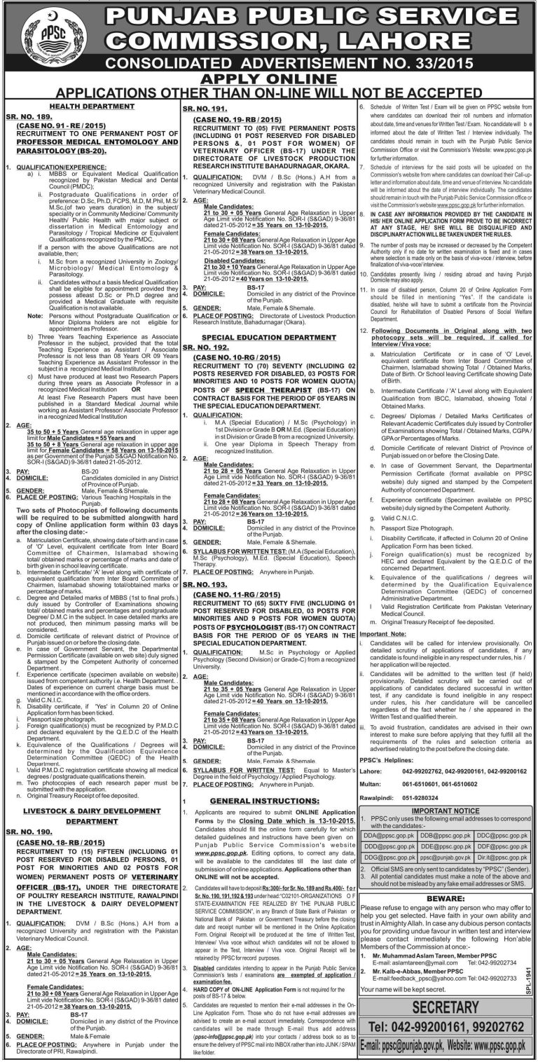 PPSC Health Department Jobs 2025 Advertisement For Parasitology, Professor Medical