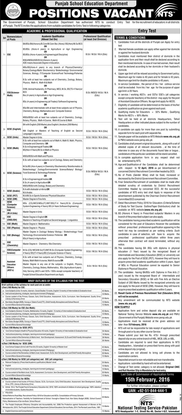 AEO Jobs 2025 In Punjab Education Department NTS Application Form