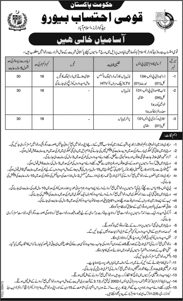 National Accountability Bureau Islamabad GOVT Jobs 2025 Naib Qasid, Driver, Sentry Worker Application Form Male/Female