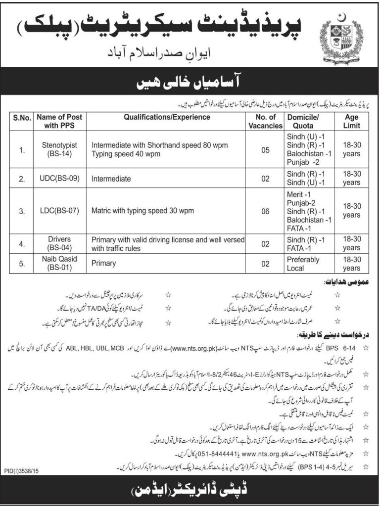 President Secretariat Islamabad NTS Jobs 2025 Stenotypist, UDC, LDC, Drivers, Naib Qasid Application Form