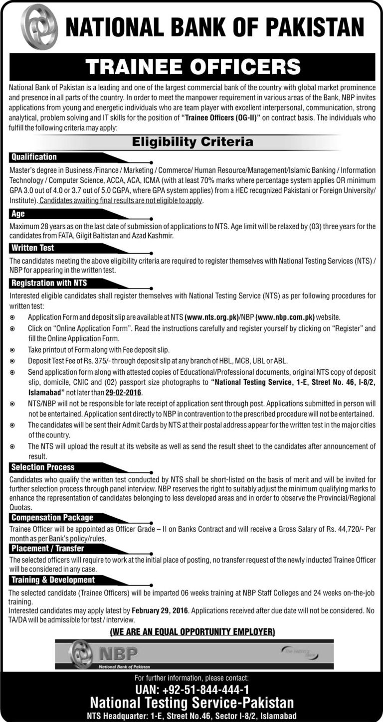 National Bank NBP Trainee Officers OG 2 Jobs 2025 NTS Application