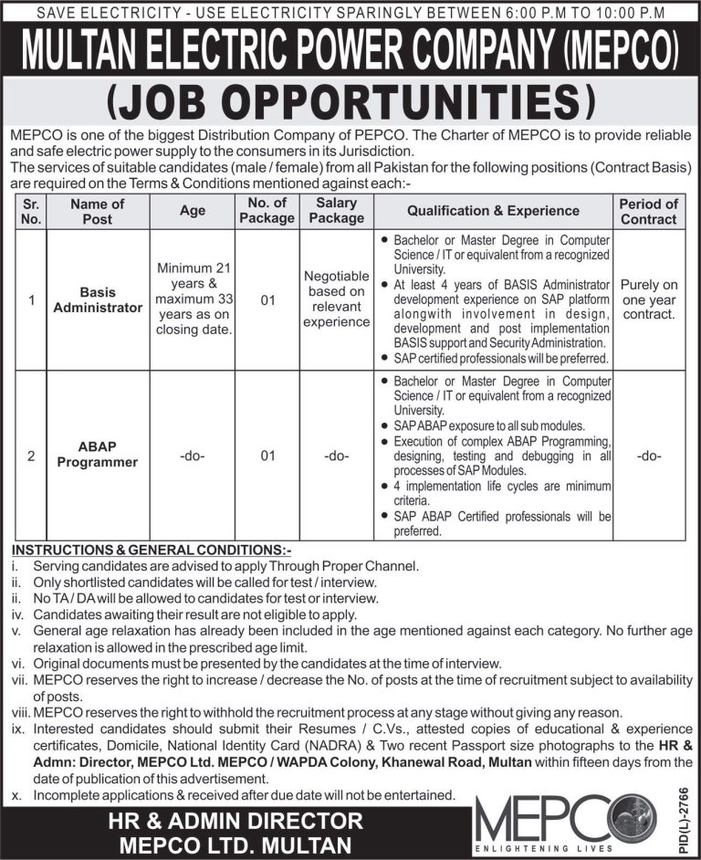 MEPCO Jobs 2025 Multan Electric Power Company Vacancies Application Form www.mepco.com.pk