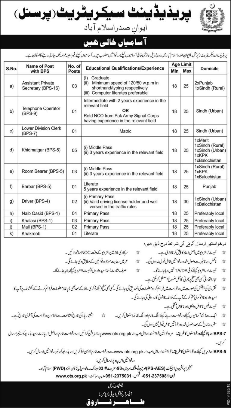 President Secretariat Islamabad Jobs 2025 Telephone Operator, Clerk, Naib Qasid Application Form