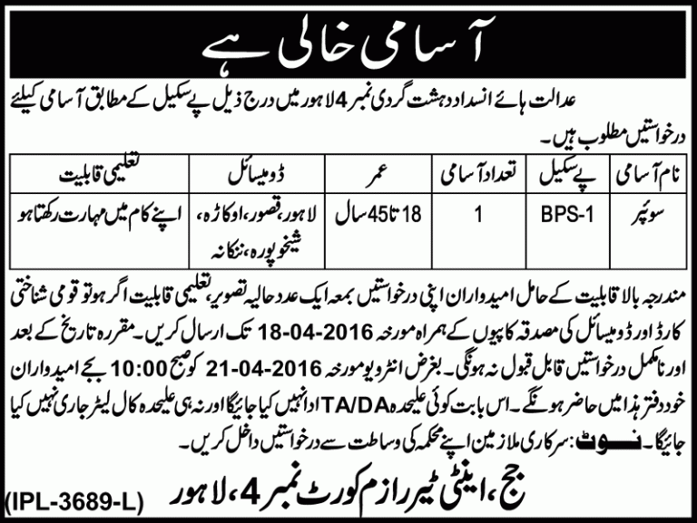 Anti Terrorism Court lahore jobs April 2025 Jang Advertisement Application Form