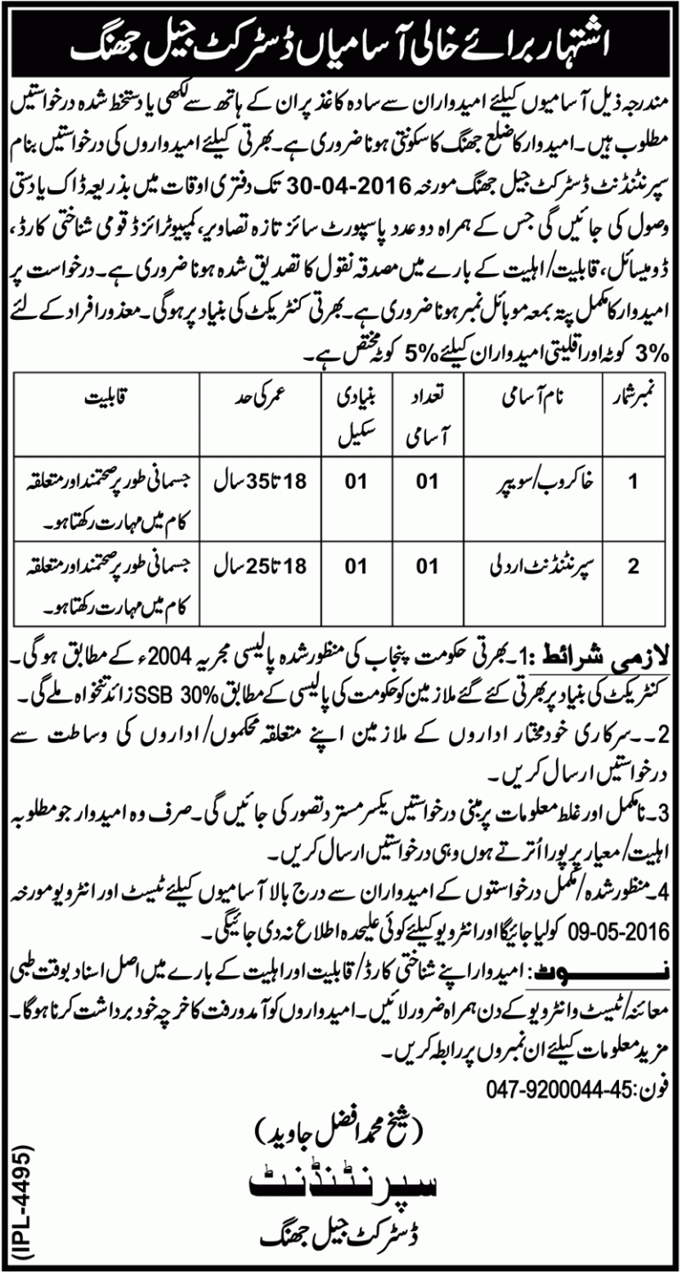 Central Jail Jhang Government April Jobs 2025 Jang Advertisement Application Form