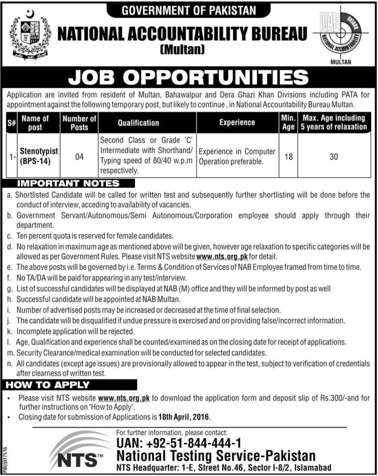 NAB NTS Jobs 2025 April Advertisement Application Form Stenotypist GOVT Vacancy