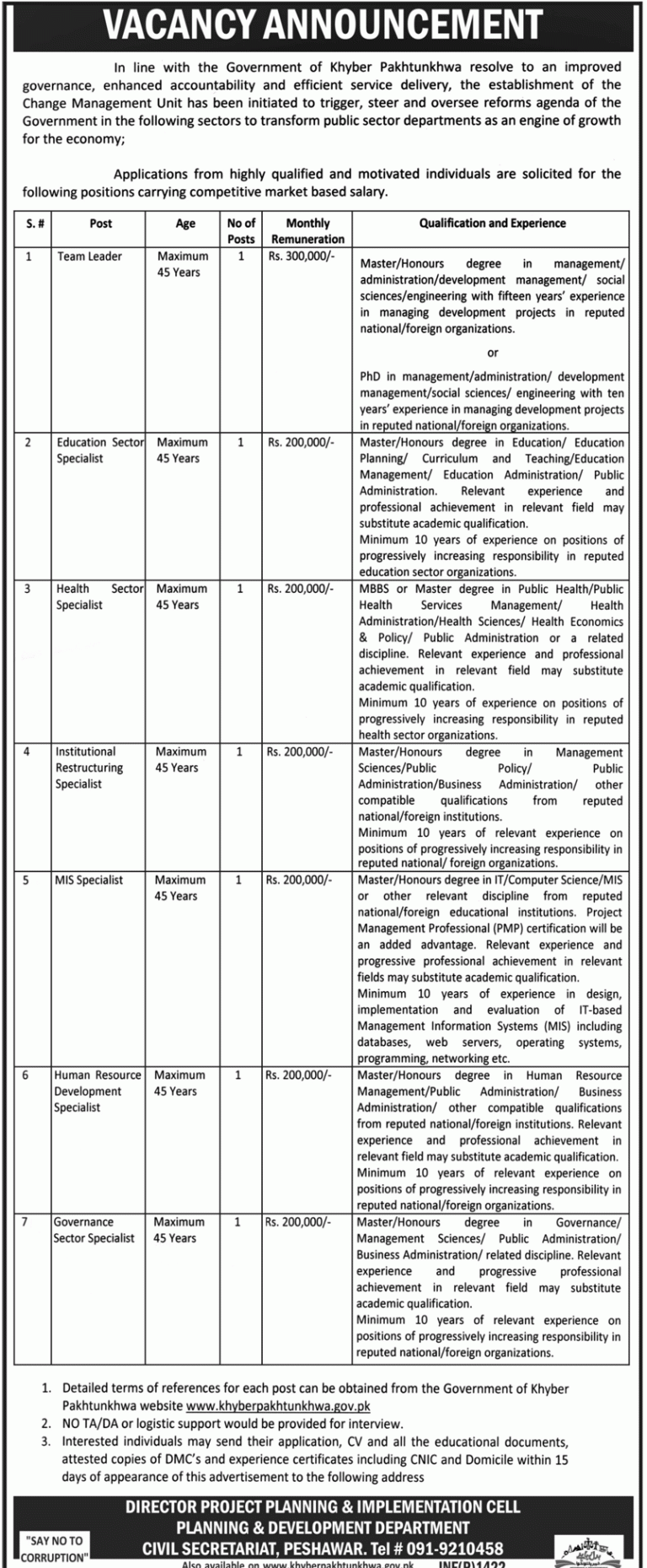 Planning and Development Department April GOVT Jobs 2025 Peshawar Application Form