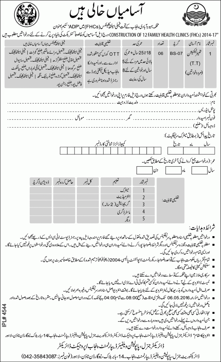 Population Welfare Department Punjab GOVT Technical Male/Female Jobs 2025 Application Form