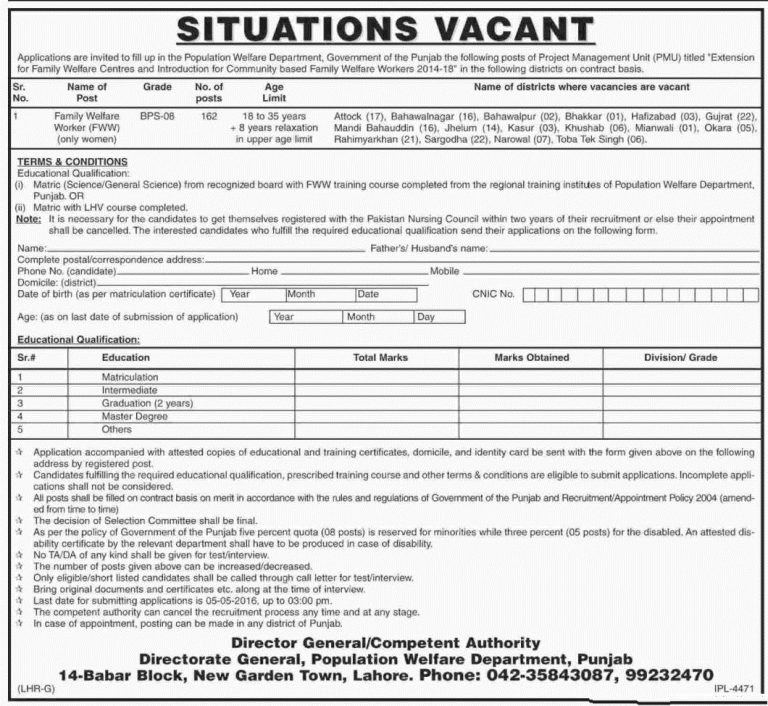 Punjab Population Welfare Department Lahore Family Welfare Jobs 2025 Advertisement Form