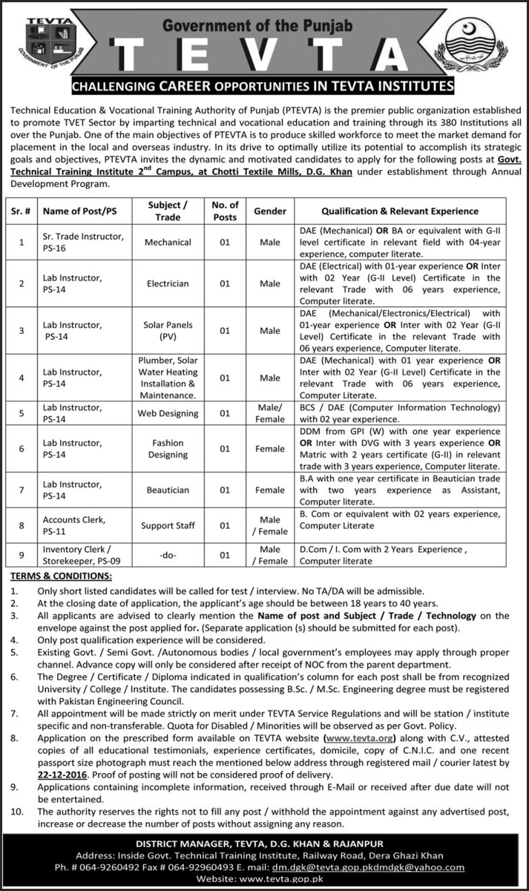 TEVTA Rawalpindi Clerk, Principal, Teacher Jobs Male/Female April 2025 Ads Application Form