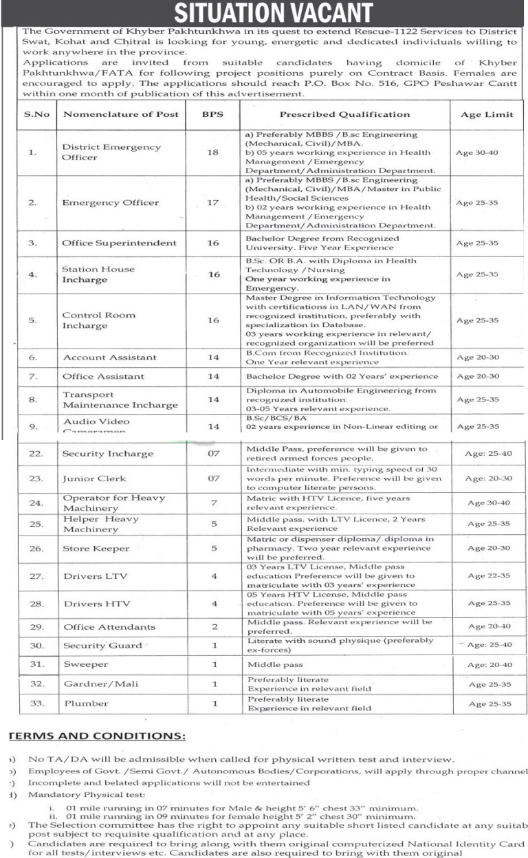 Rescue 1122 KPK Jobs April 2025 Drivers, Store Keeper, Officer Written Test Interview Form