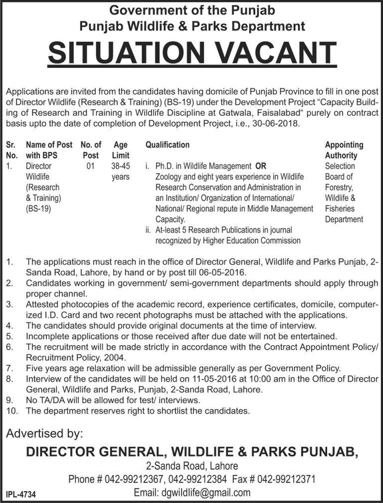 Wildlife & Parks Department Punjab Lahore Jobs 2025 Application Form Interview Date