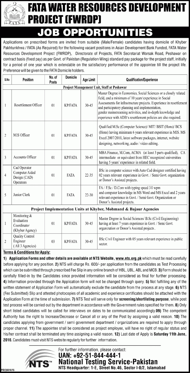 FWRDP NTS May Jobs 2025 FATA Water Resources Development Form Ads