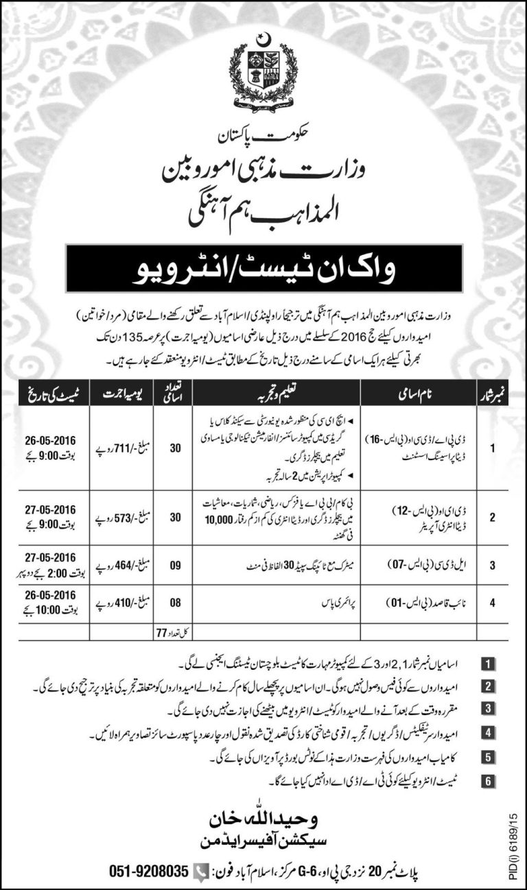 Government Jobs in Pakistan Ministry of Religious Affairs May 2025 Advertisement