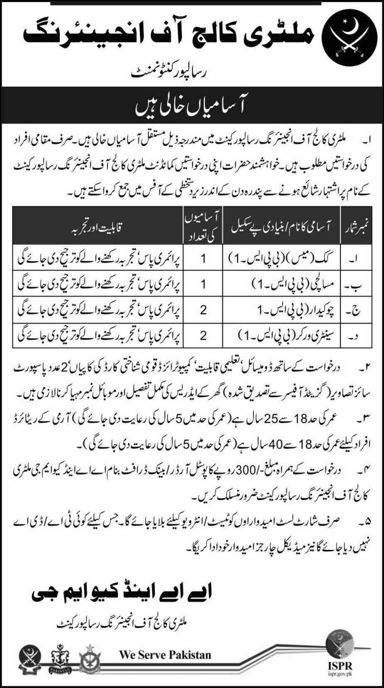 Military Risalpur College Jobs 2025 Pak Army Cook, Sentry Work Vacancies