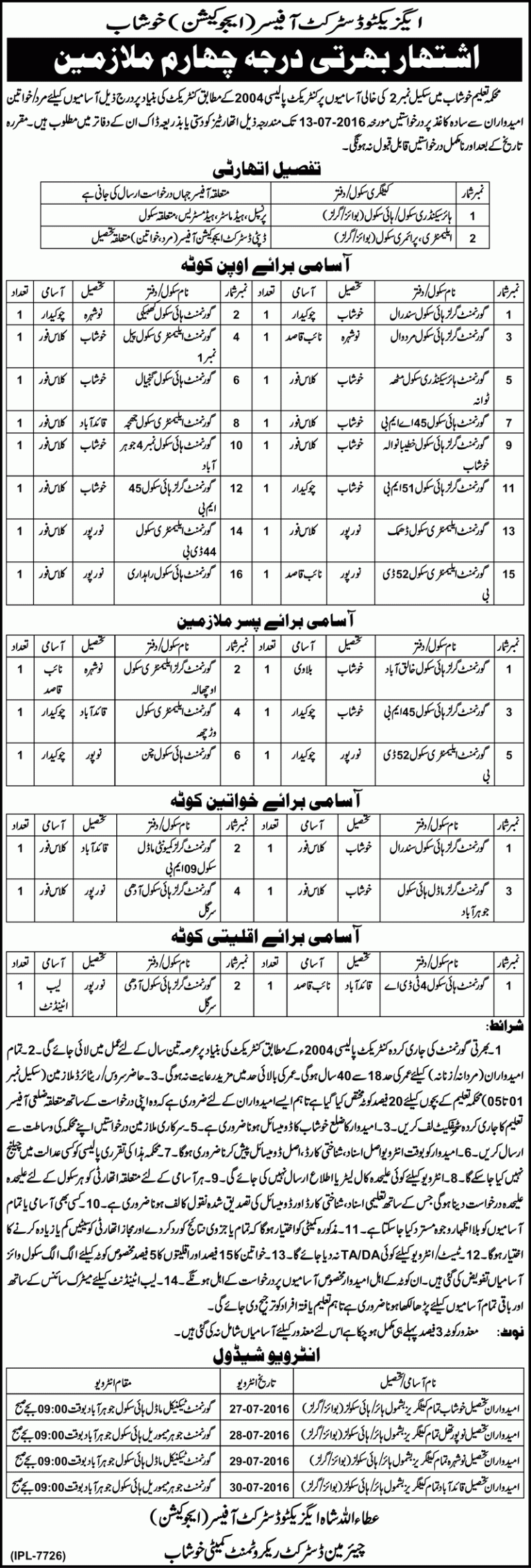 Education Department Khushab Jobs 2025 June Advertisement Interview Dates