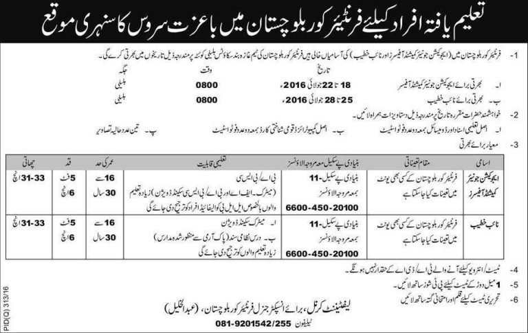 Frontier Corps Balochistan Jobs 2025 FC Application Form Interview Date