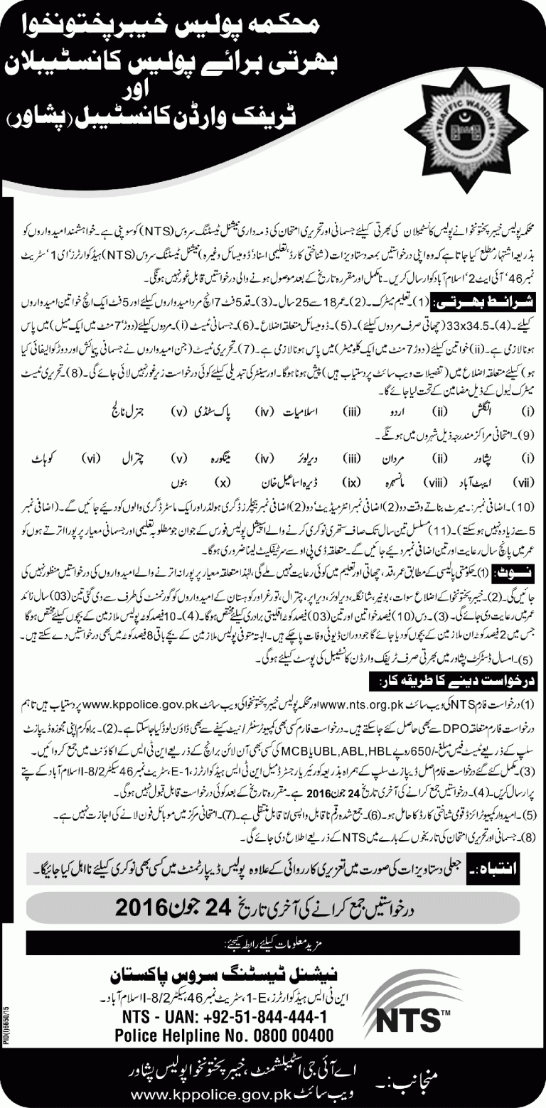 KPK Traffic Warden Constable Jobs 2025 NTS Application Form June Advertisement