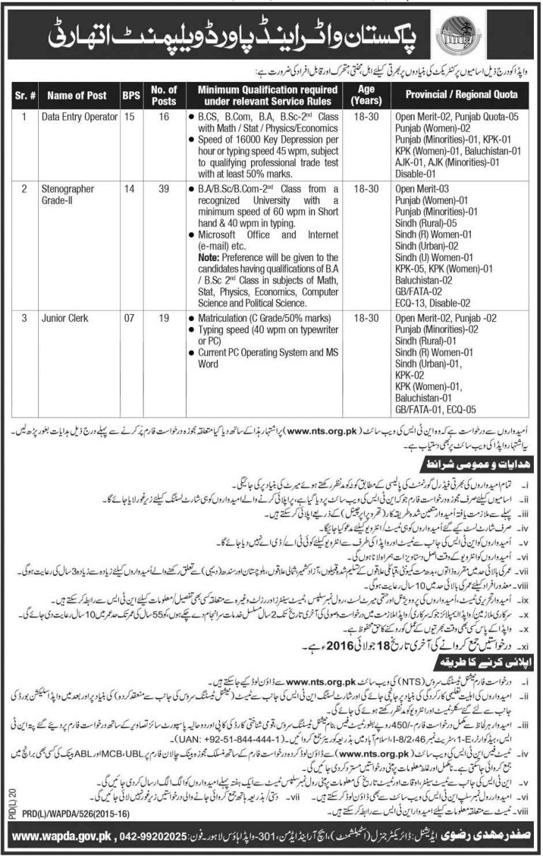 WAPDA NTS Jobs 2025 Data Entry, Stenographer, Junior Clerk July Advertisement