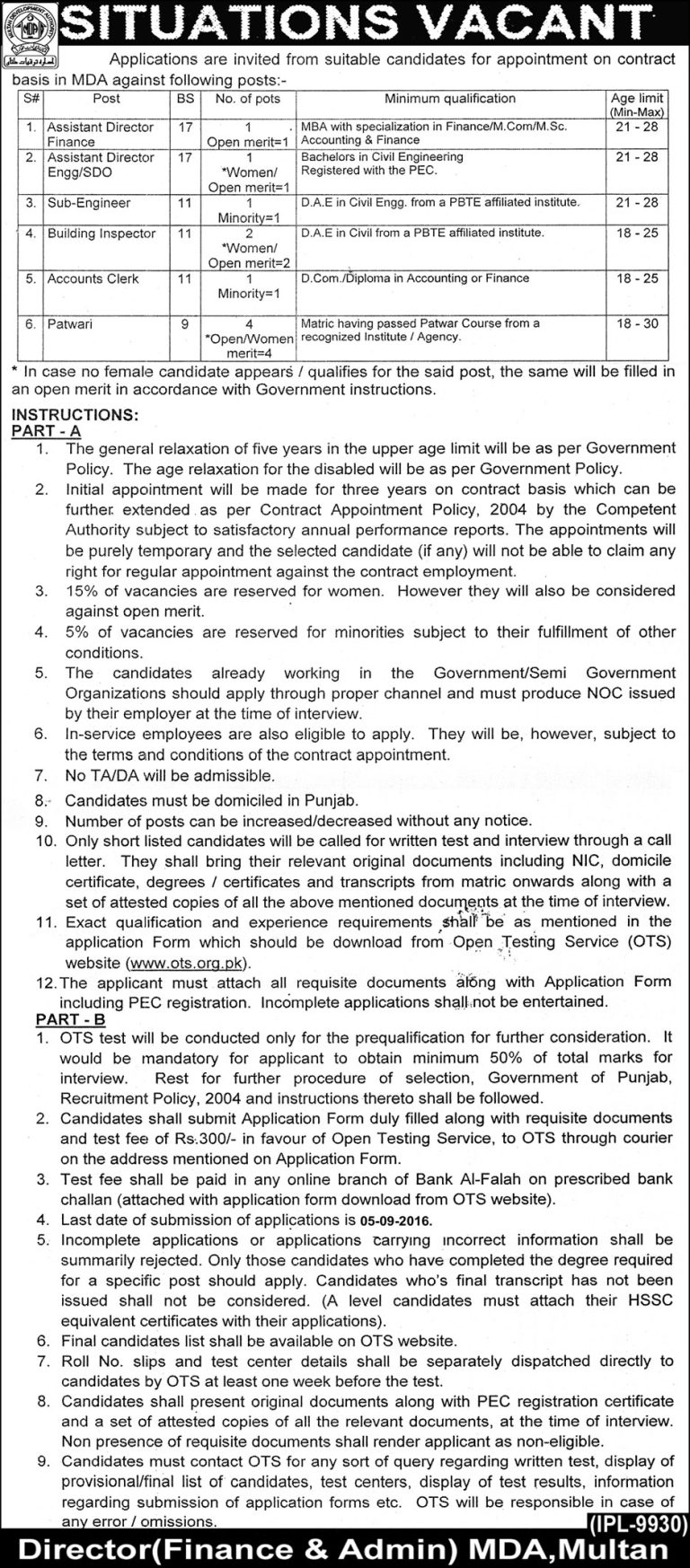 Multan Development Authority MDA Jobs 2025 Application Form August Advertisement