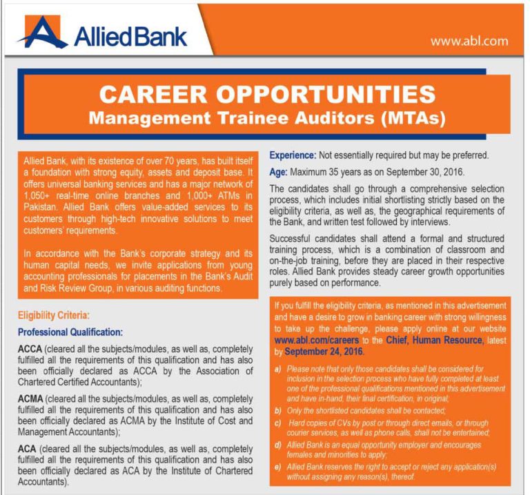 Allied Bank MTAs Jobs Management Trainee Authority www.abl.com Online